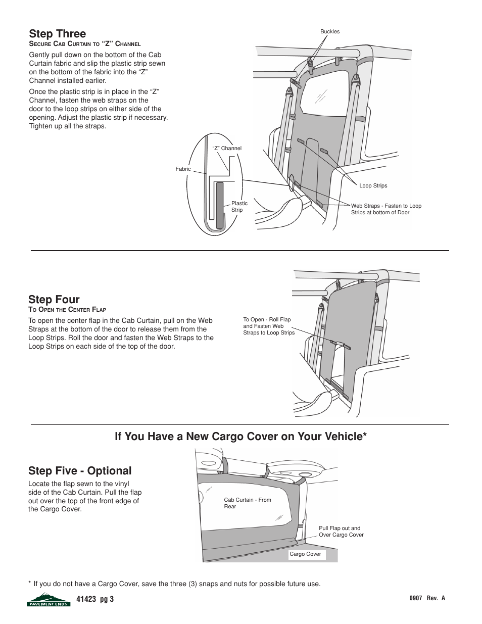 Step three, Step four, If you have a new cargo cover on your vehicle | Step five - optional | Pavement Ends 41423 Cab Curtain User Manual | Page 3 / 5