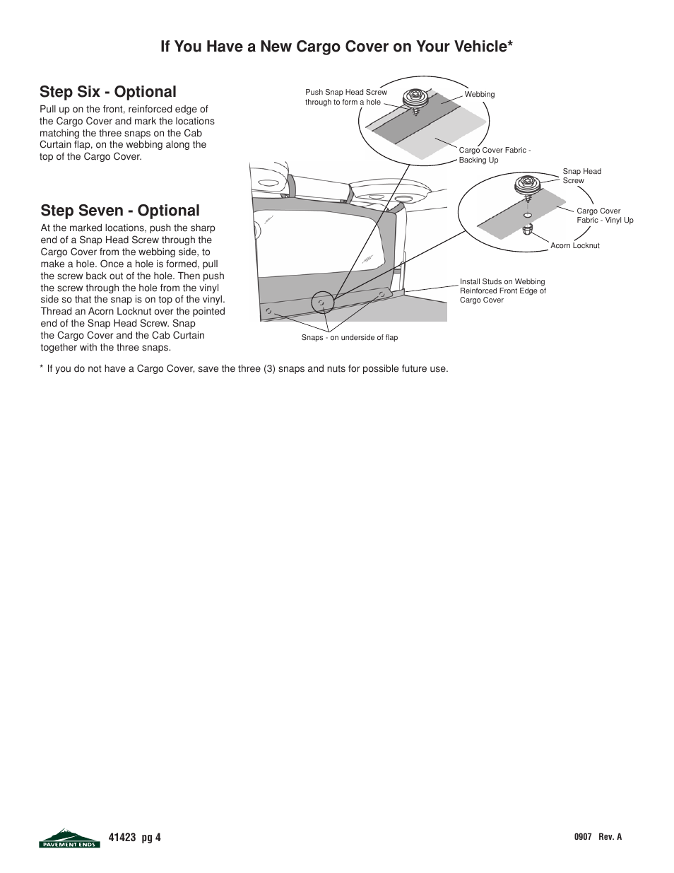 Step six - optional, Step seven - optional, If you have a new cargo cover on your vehicle | Pavement Ends 41423 Cab Curtain User Manual | Page 4 / 5