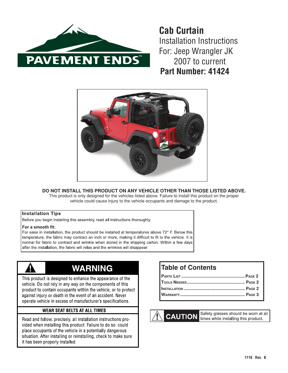 Pavement Ends 41424 Cab Curtain User Manual | 3 pages