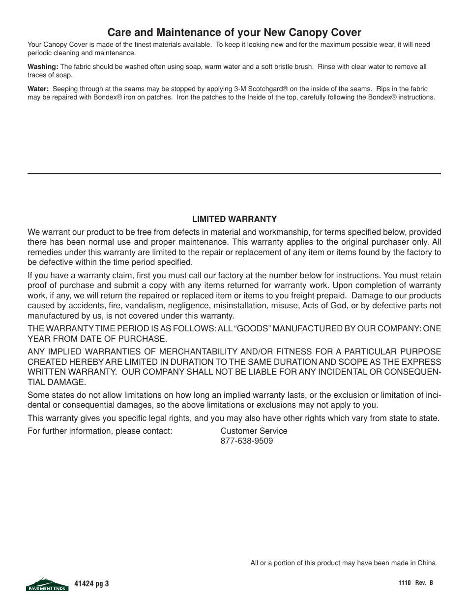 Care and maintenance of your new canopy cover | Pavement Ends 41424 Cab Curtain User Manual | Page 3 / 3