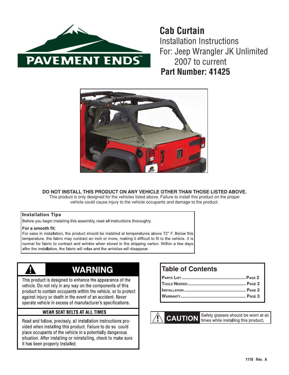 Pavement Ends 41425 Cab Curtain User Manual | 3 pages