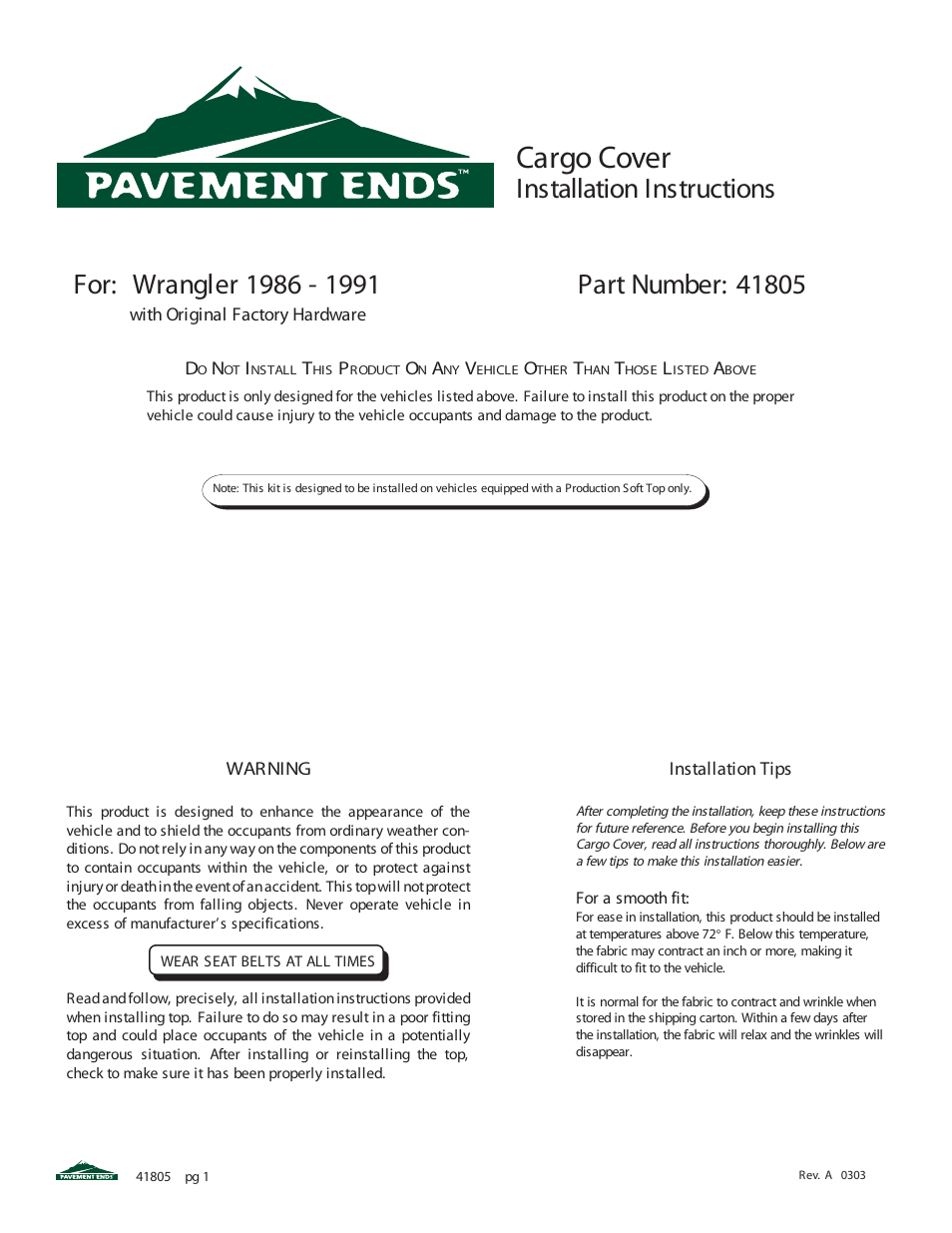 Pavement Ends 41805 Cargo Cover User Manual | 4 pages