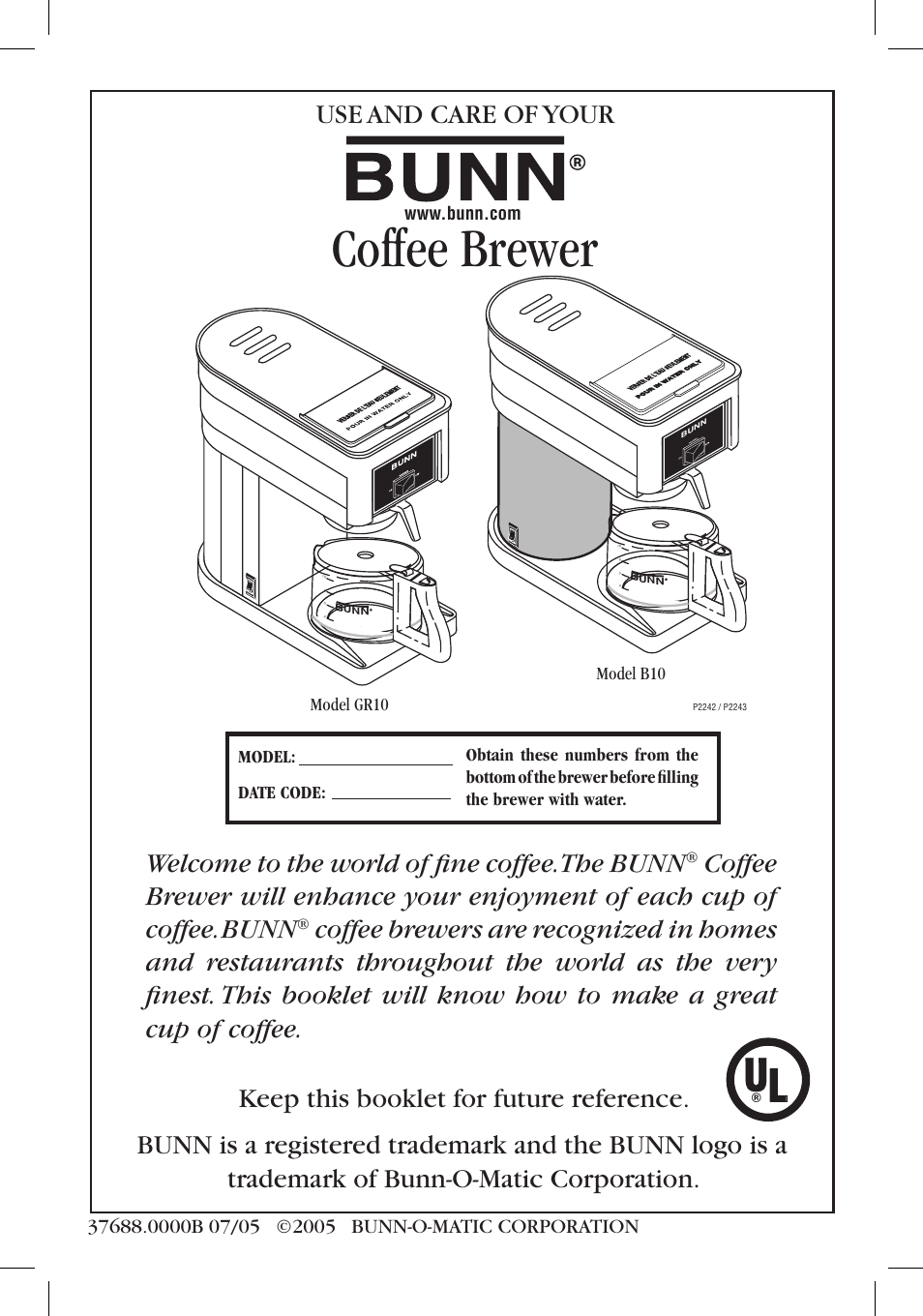 Bunn B10 User Manual | 12 pages