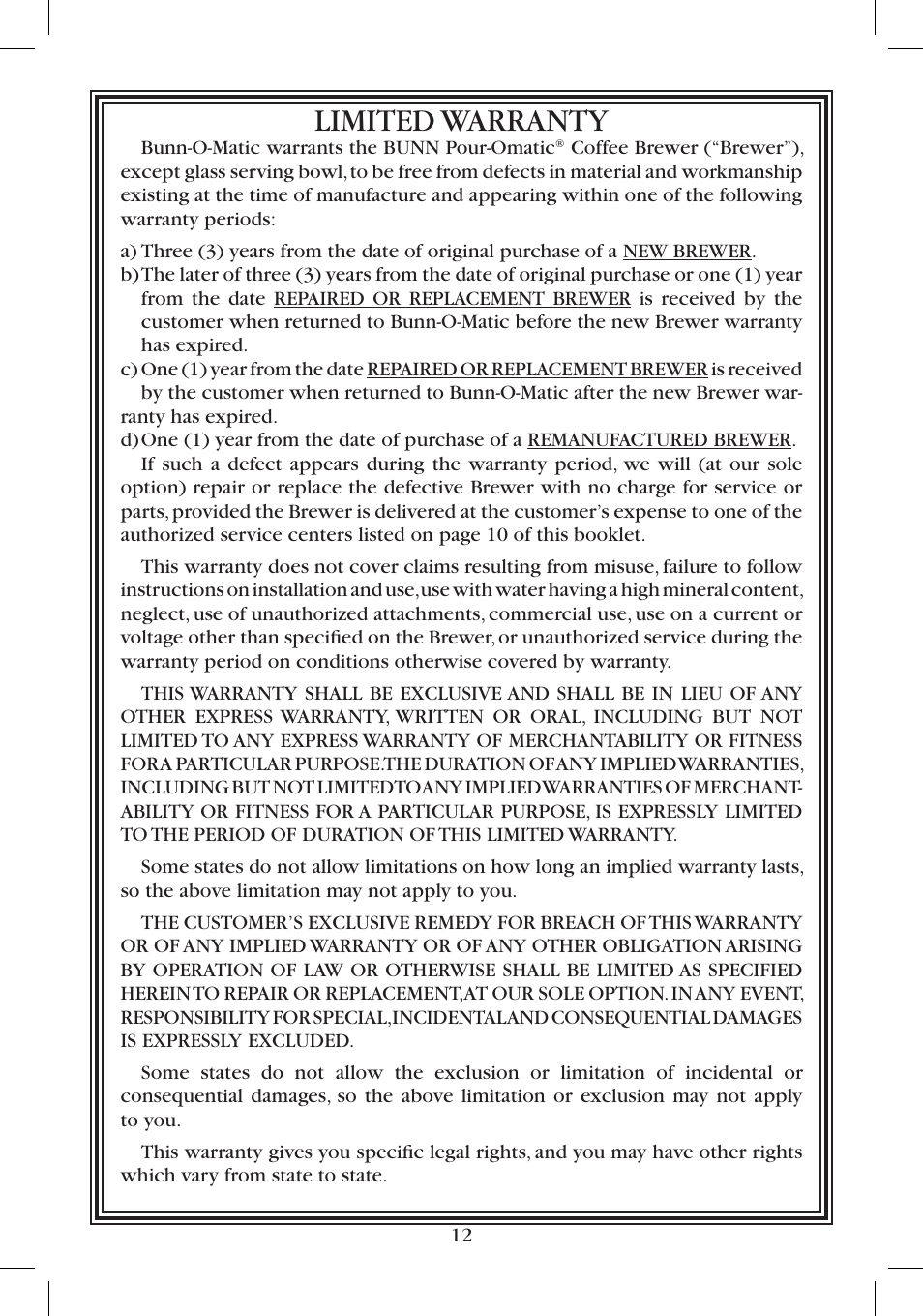 Limited warranty | Bunn B10 User Manual | Page 12 / 12