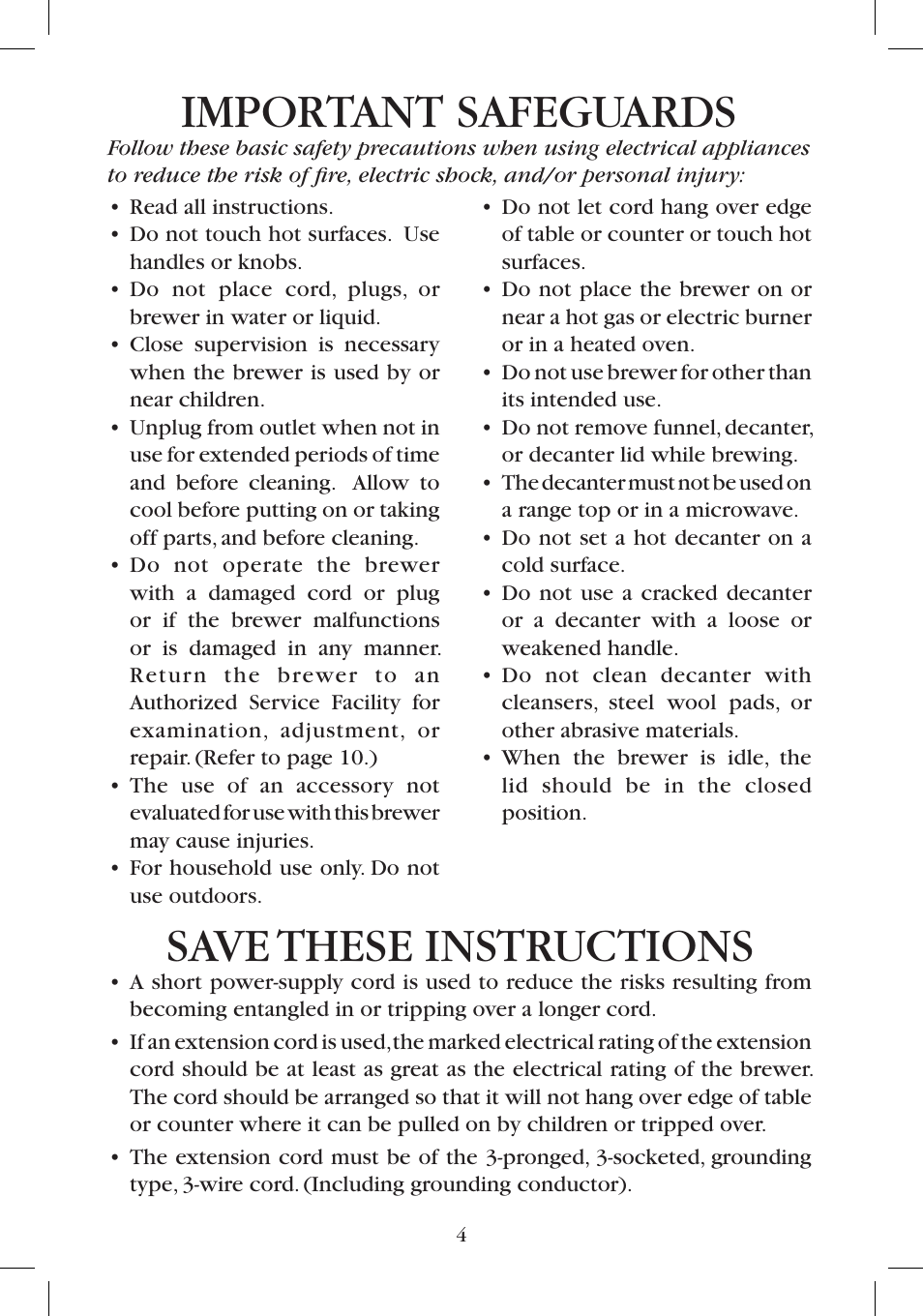 Important safeguards, Save these instructions | Bunn B10 User Manual | Page 4 / 12
