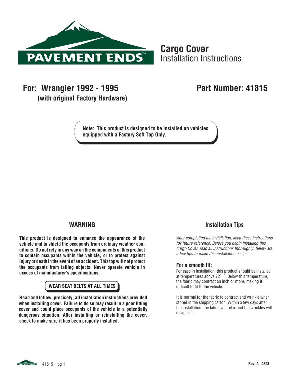 Pavement Ends 41815 Cargo Cover User Manual | 4 pages