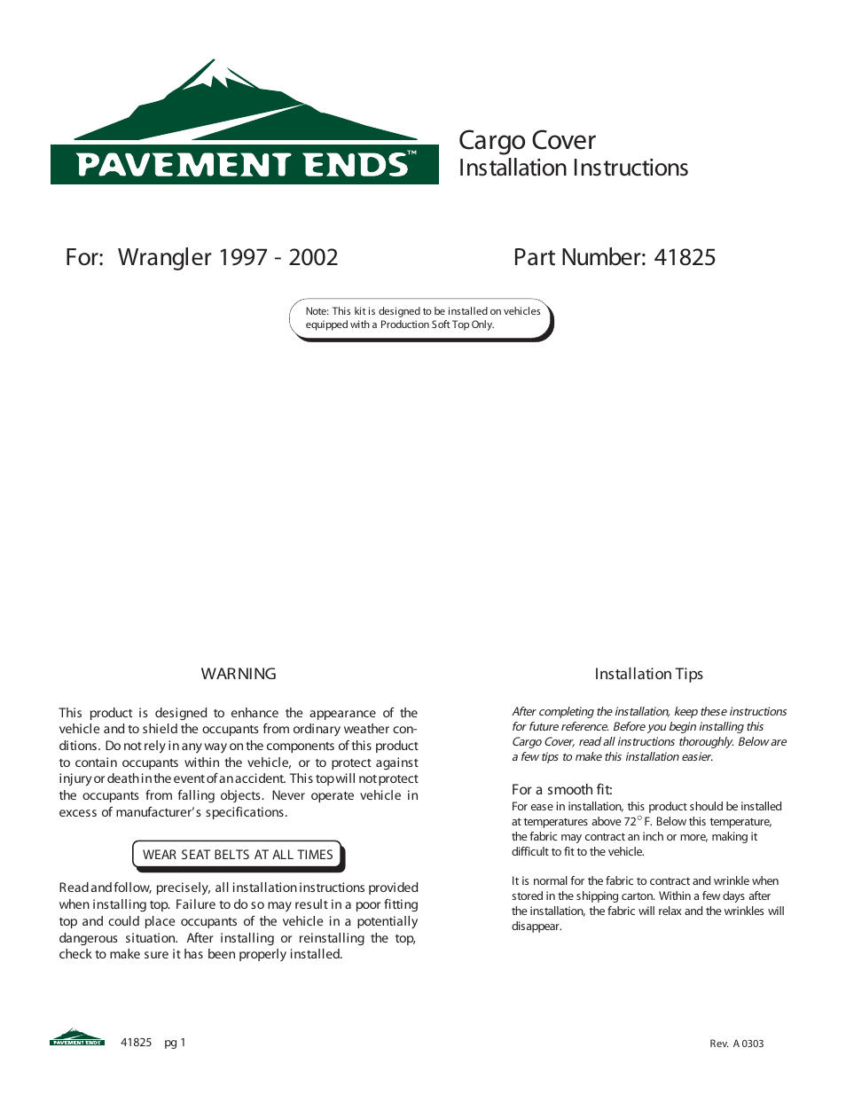 Pavement Ends 41825 Cargo Cover User Manual | 6 pages