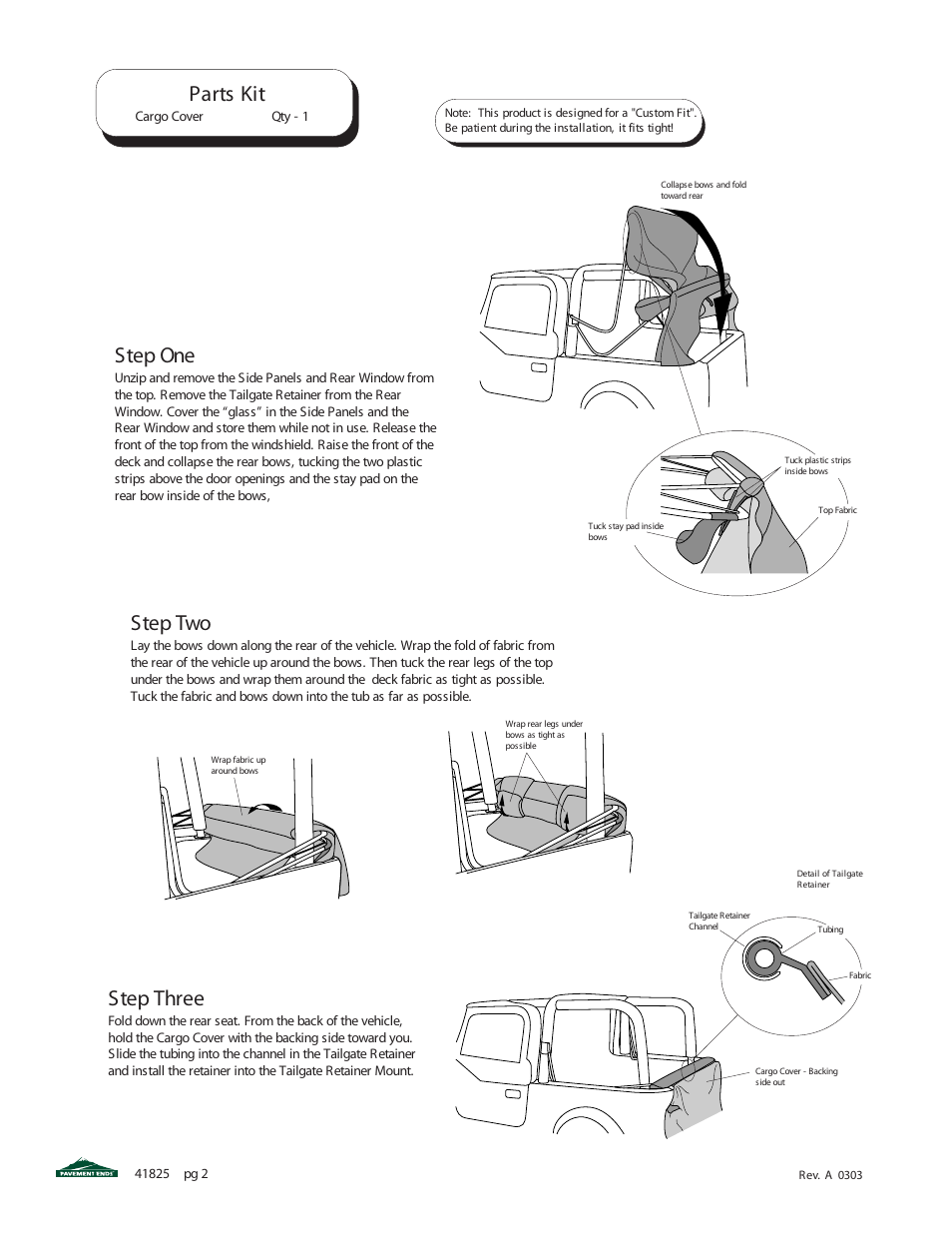 Parts kit, Step one, Step two | Step three | Pavement Ends 41825 Cargo Cover User Manual | Page 2 / 6