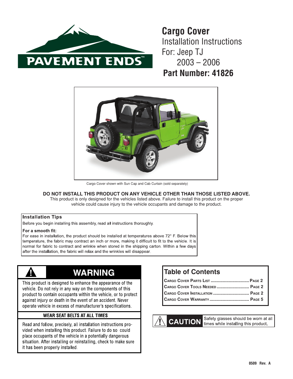 Pavement Ends 41826 Cargo Cover User Manual | 6 pages