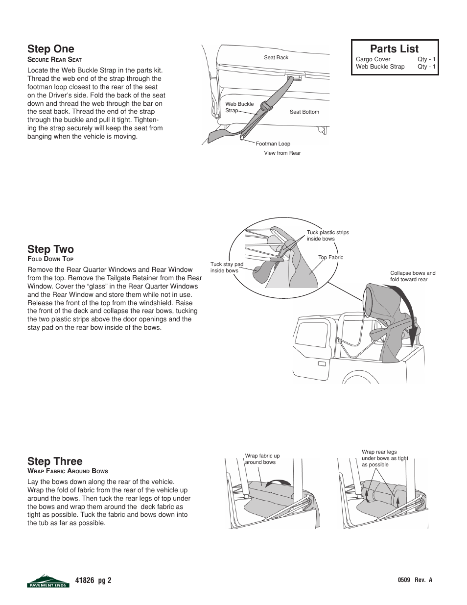 Parts list, Step one, Step two | Step three | Pavement Ends 41826 Cargo Cover User Manual | Page 2 / 6