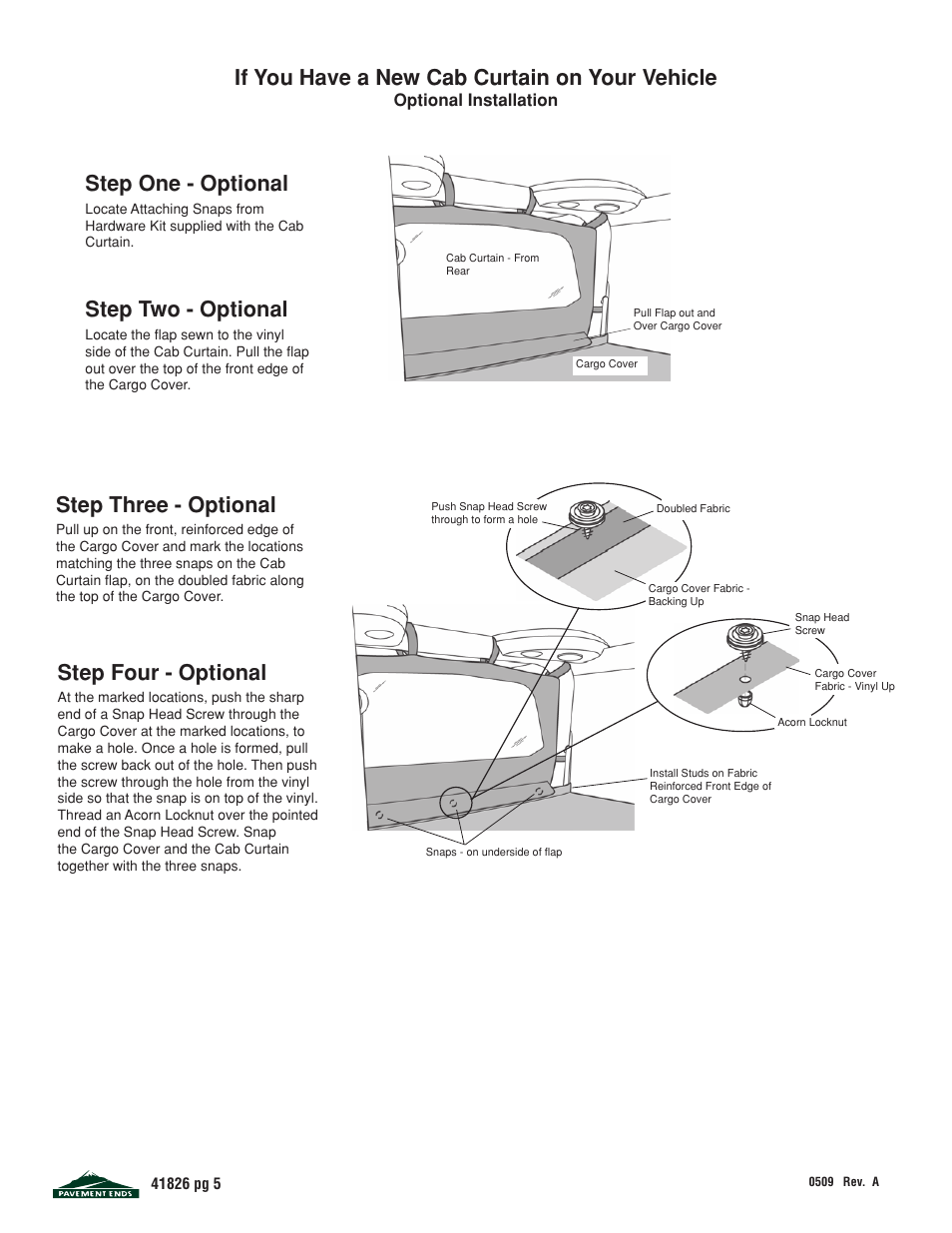 Step three - optional, Step four - optional, If you have a new cab curtain on your vehicle | Step two - optional, Step one - optional | Pavement Ends 41826 Cargo Cover User Manual | Page 5 / 6