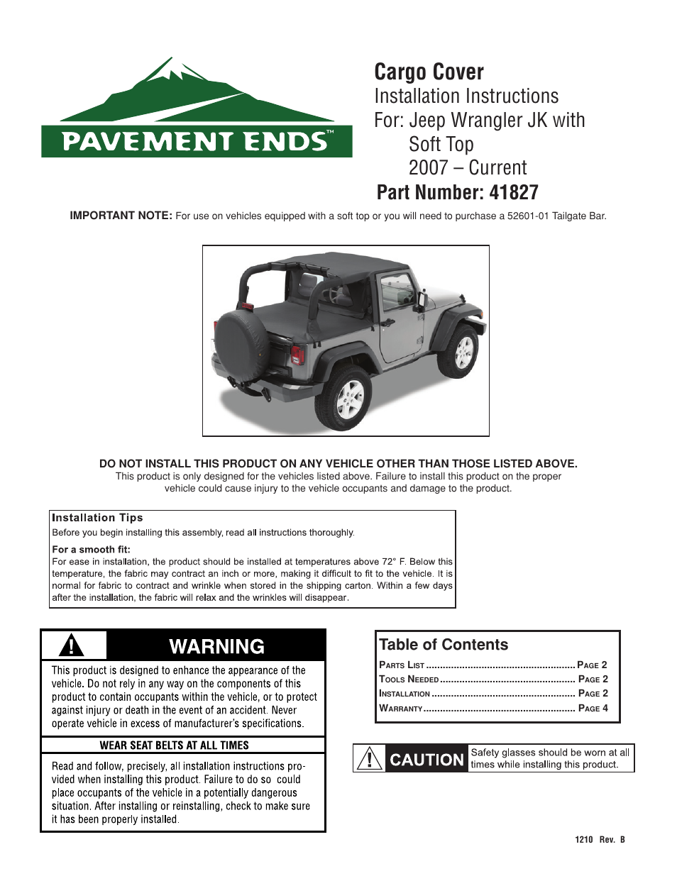 Pavement Ends 41827 Cargo Cover User Manual | 4 pages