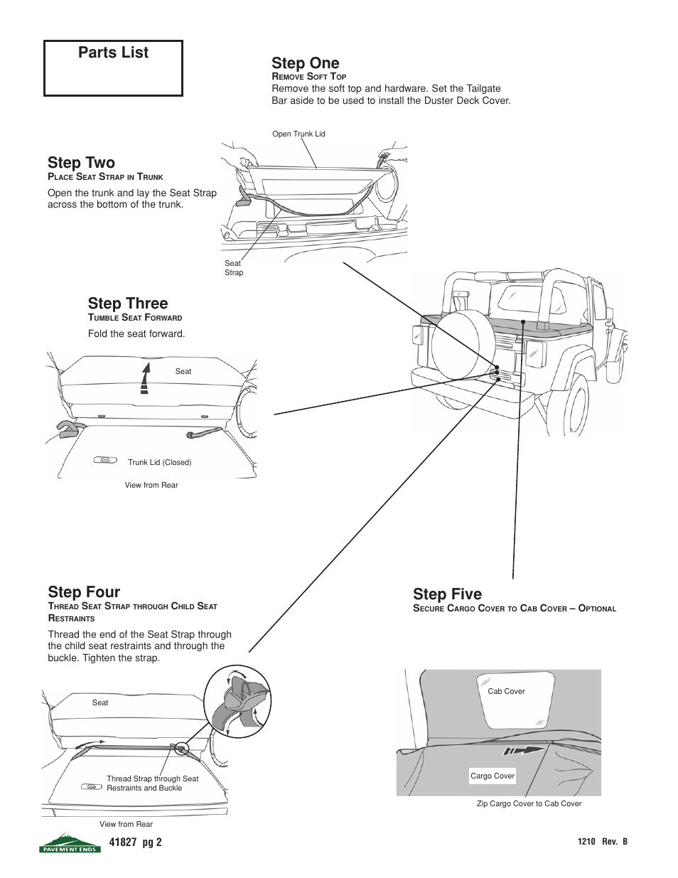 Parts list step one, Step three, Step two | Step five, Step four | Pavement Ends 41827 Cargo Cover User Manual | Page 2 / 4