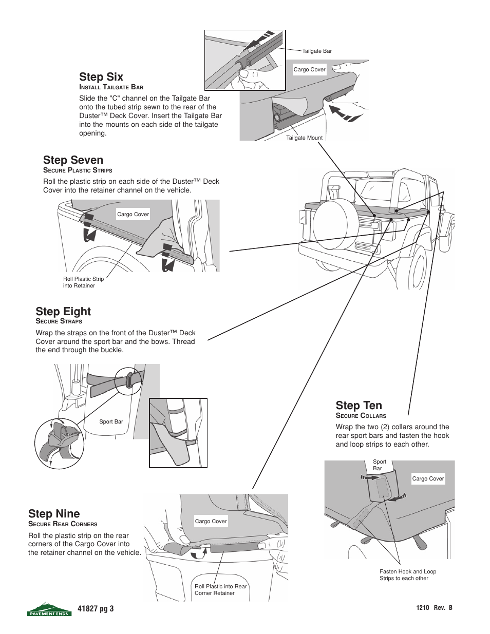 Step six, Step seven, Step eight | Step nine, Step ten | Pavement Ends 41827 Cargo Cover User Manual | Page 3 / 4