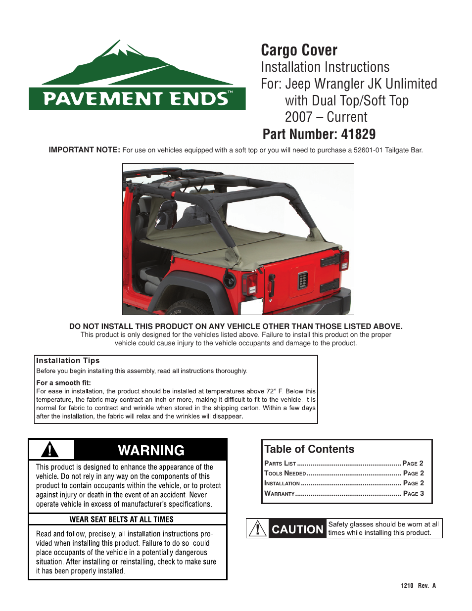 Pavement Ends 41829 Cargo Cover User Manual | 3 pages