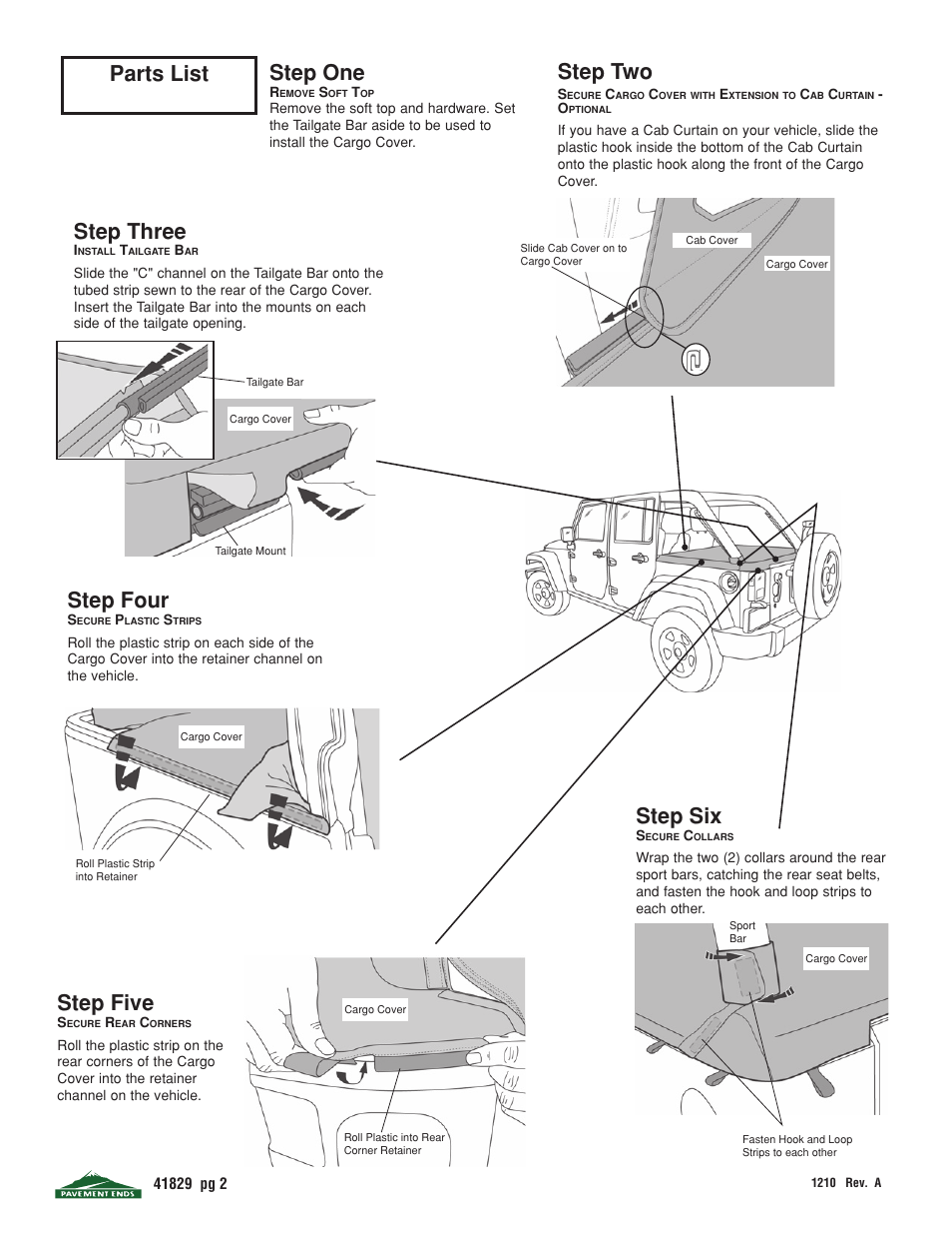 Parts list step one, Step three, Step two | Step five, Step four, Step six | Pavement Ends 41829 Cargo Cover User Manual | Page 2 / 3