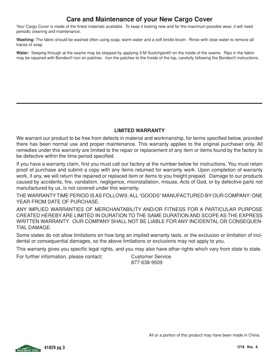 Care and maintenance of your new cargo cover | Pavement Ends 41829 Cargo Cover User Manual | Page 3 / 3