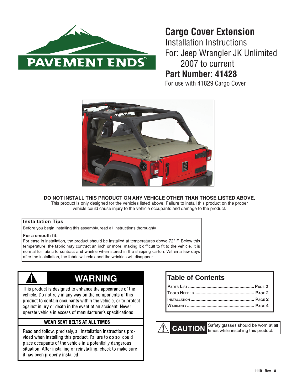 Pavement Ends 41428 Cargo Cover User Manual | 4 pages