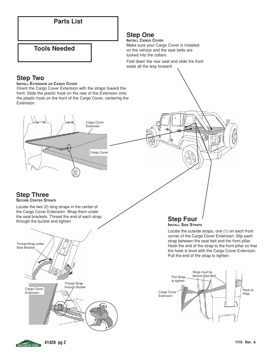 Parts list step one, Step three, Step two | Step four, Tools needed | Pavement Ends 41428 Cargo Cover User Manual | Page 2 / 4