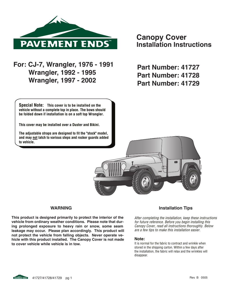 Pavement Ends 41727 Canopy Cover User Manual | 3 pages