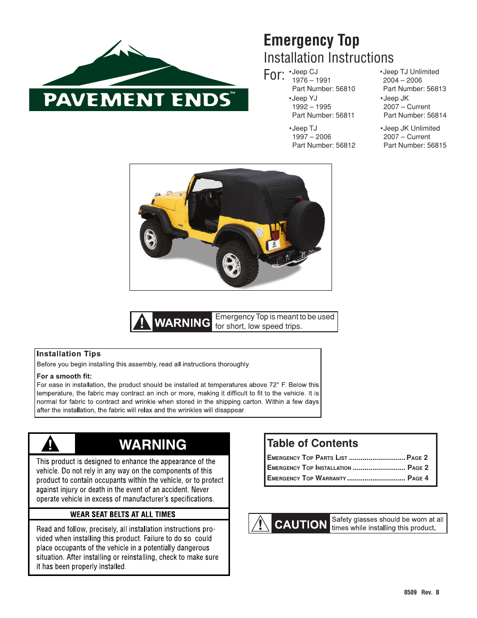 Pavement Ends 56815 Emergency Top User Manual | 4 pages