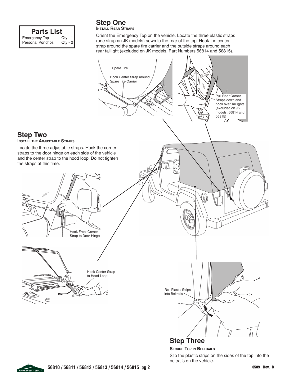 Parts list, Step one, Step two | Step three | Pavement Ends 56815 Emergency Top User Manual | Page 2 / 4