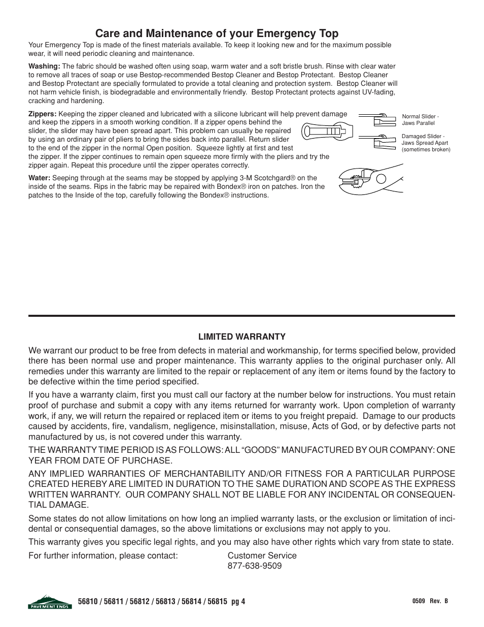 Care and maintenance of your emergency top | Pavement Ends 56815 Emergency Top User Manual | Page 4 / 4