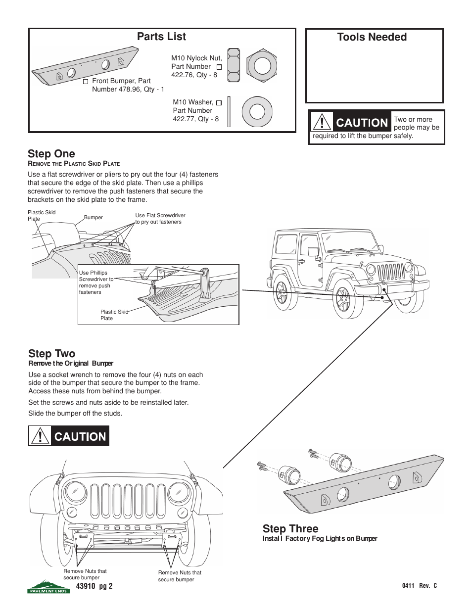 Step one, Step two, Tools needed | Parts list step three | Pavement Ends 43910 Front Bumpers User Manual | Page 2 / 3