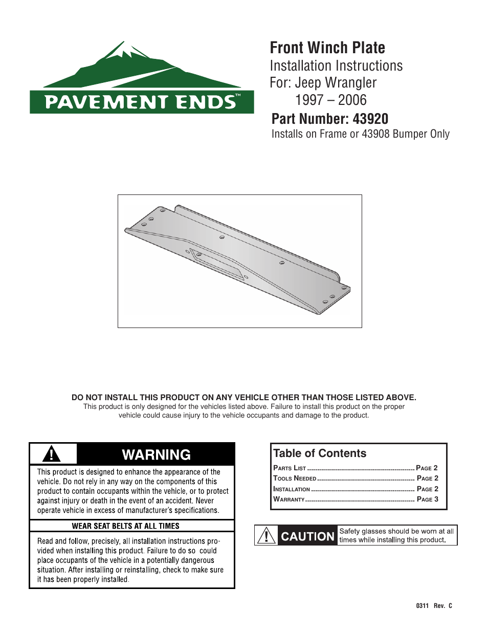 Pavement Ends 43920 Front Bumpers User Manual | 3 pages