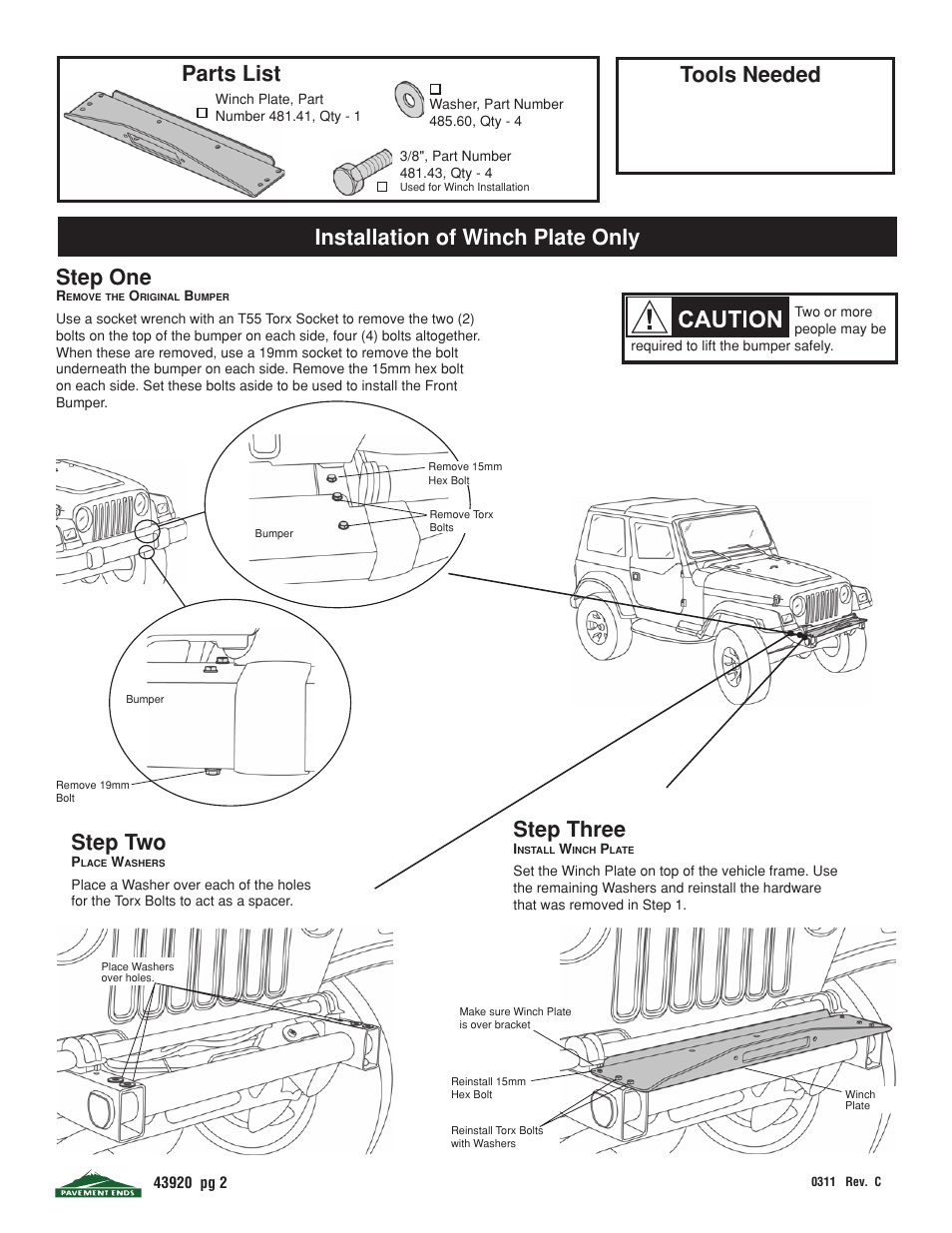 Parts list step one, Step three, Tools needed | Installation of winch plate only, Step two | Pavement Ends 43920 Front Bumpers User Manual | Page 2 / 3