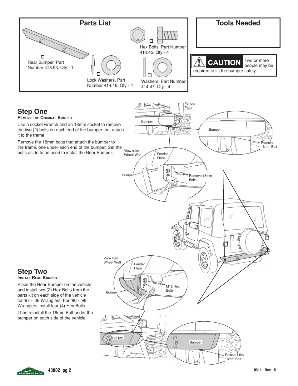 Parts list step one, Step two, Tools needed | Pavement Ends 43902 Rear Bumpers User Manual | Page 2 / 3