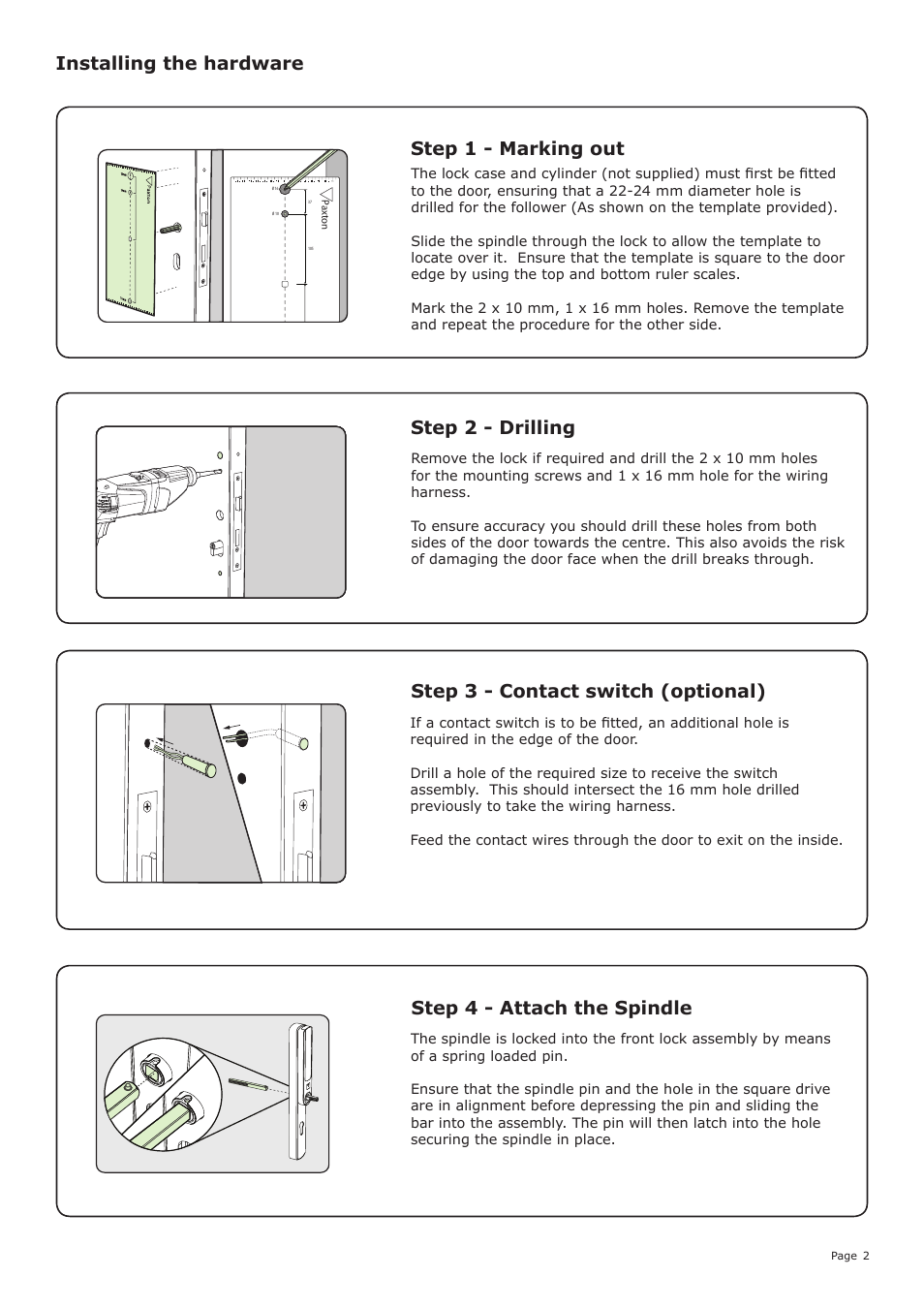 Step 3 - contact switch (optional), Step 4 - attach the spindle | Paxton Net2 PaxLock User Manual | Page 2 / 7