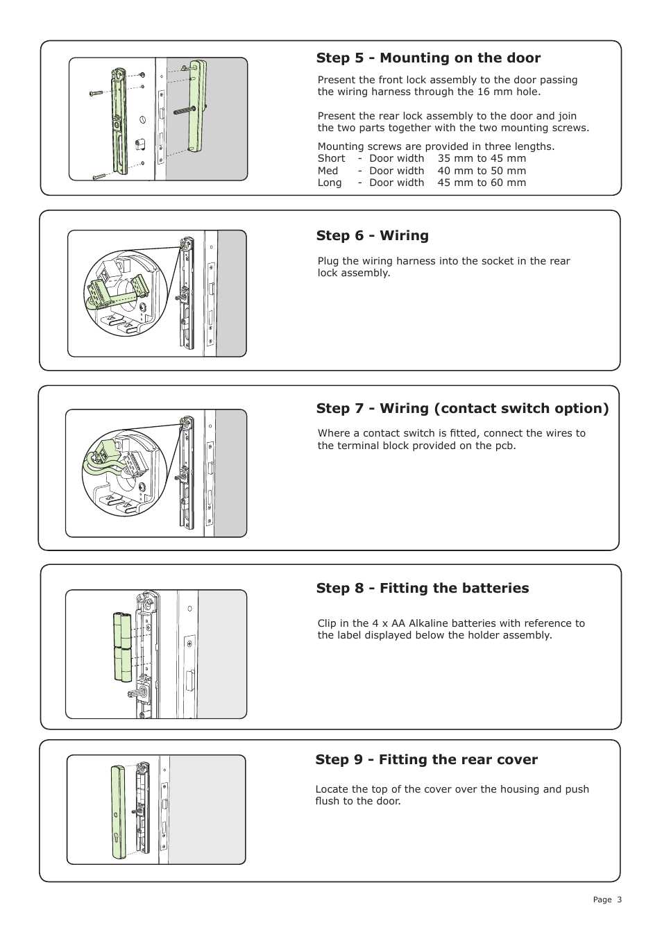 Step 9 - fitting the rear cover, Step 5 - mounting on the door step 6 - wiring, Step 8 - fitting the batteries | Step 7 - wiring (contact switch option) | Paxton Net2 PaxLock User Manual | Page 3 / 7