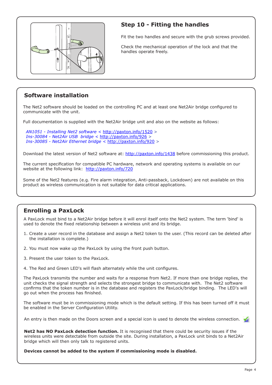 Enrolling a paxlock, Software installation, Step 10 - fitting the handles | Paxton Net2 PaxLock User Manual | Page 4 / 7