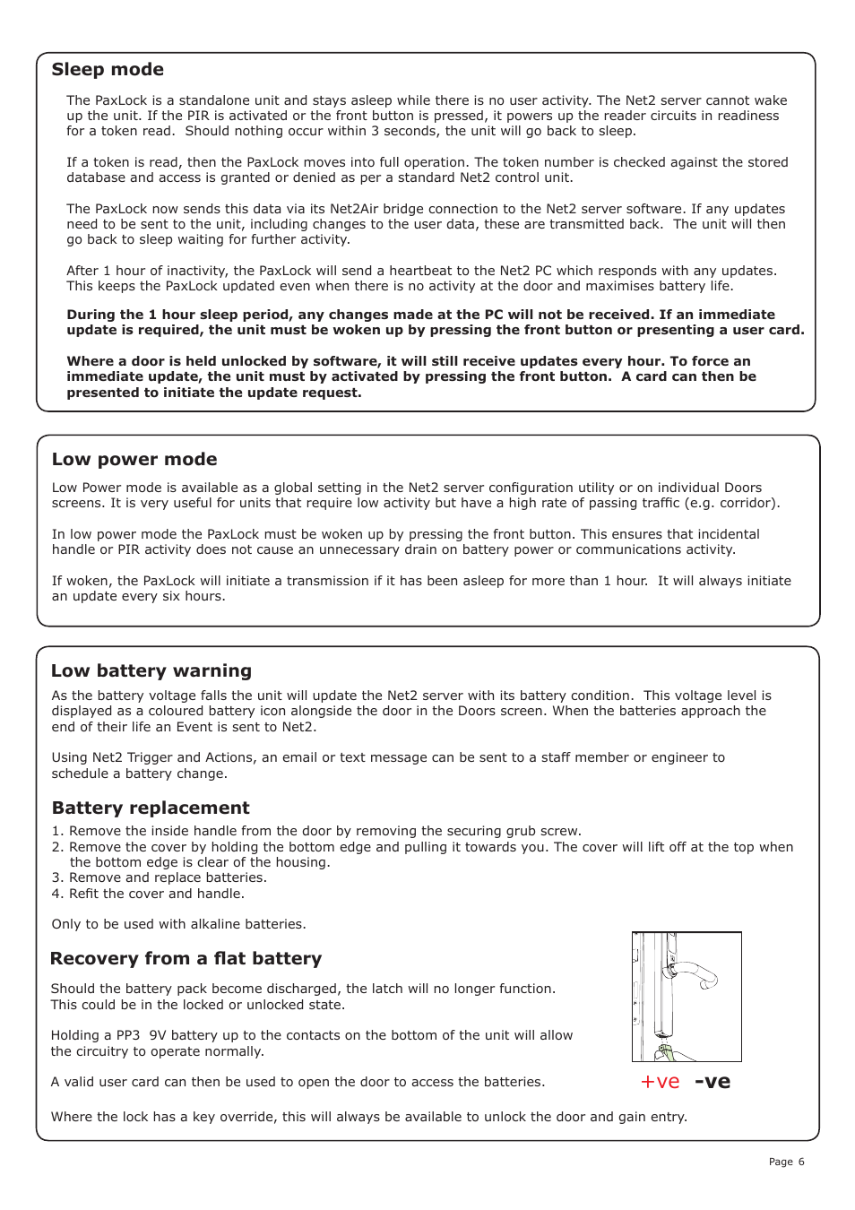 Ve -ve, Battery replacement, Recovery from a flat battery | Sleep mode, Low battery warning, Low power mode | Paxton Net2 PaxLock User Manual | Page 6 / 7