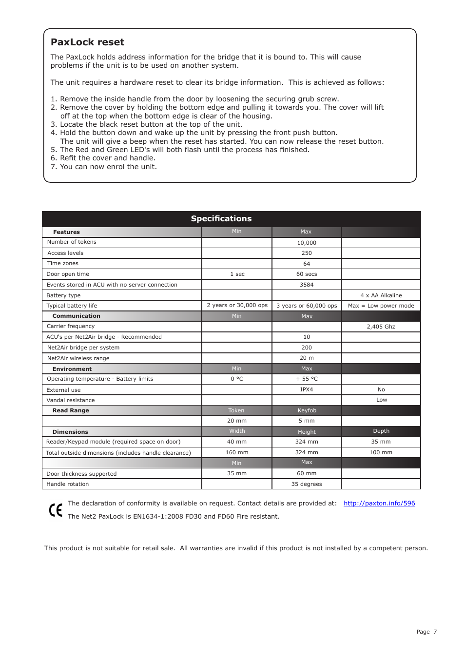 Paxlock reset, Specifications | Paxton Net2 PaxLock User Manual | Page 7 / 7