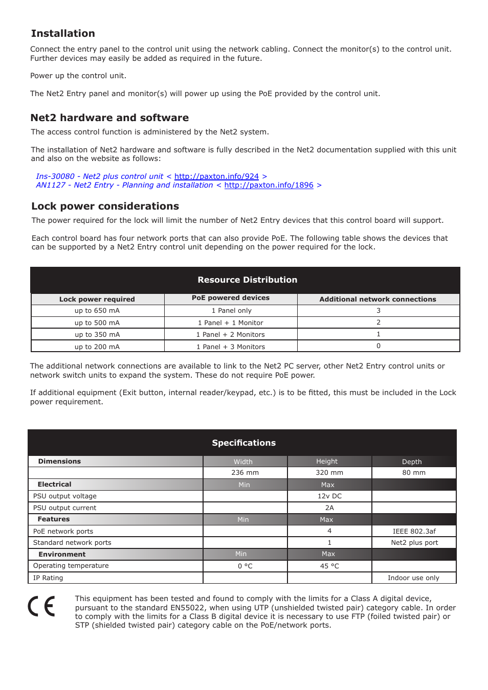 Lock power considerations, Net2 hardware and software, Installation | Paxton Net2 Entry - Control unit User Manual | Page 2 / 4
