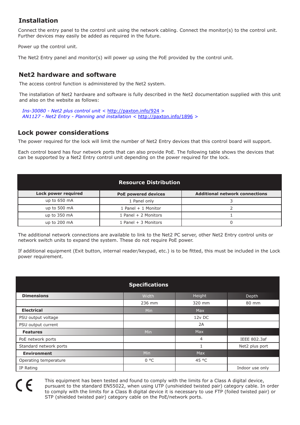 Lock power considerations, Net2 hardware and software, Installation | Paxton Net2 Entry - Control unit User Manual | Page 4 / 4