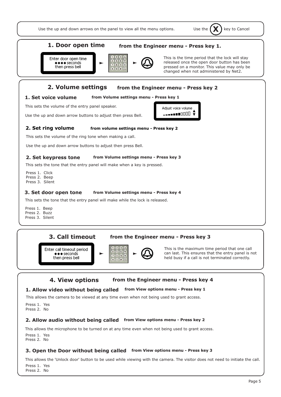 Call timeout, Door open time, Volume settings | View options | Paxton Net2 Entry - Panel User Manual | Page 5 / 7