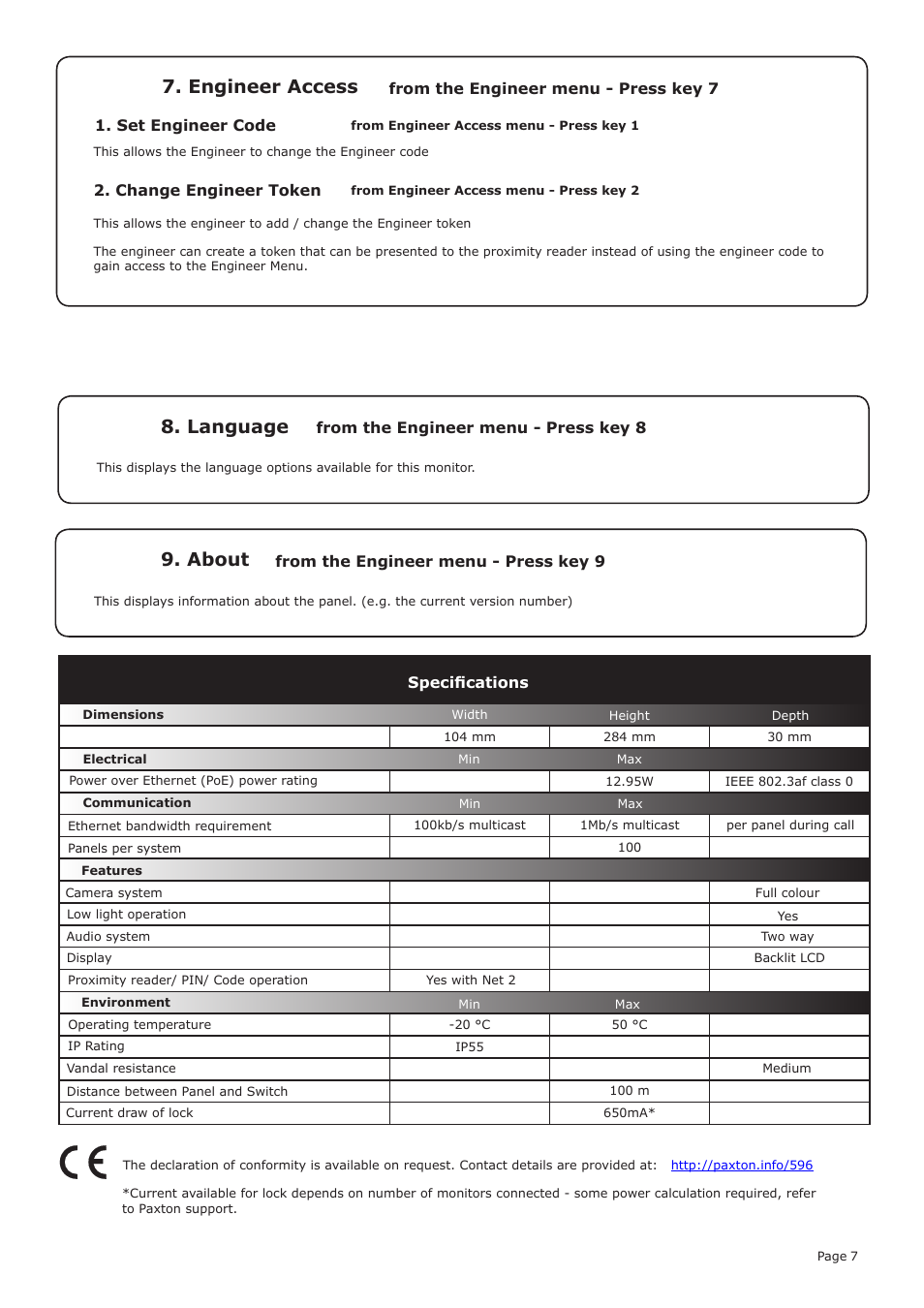 Engineer access, Language, About | Paxton Net2 Entry - Panel User Manual | Page 7 / 7