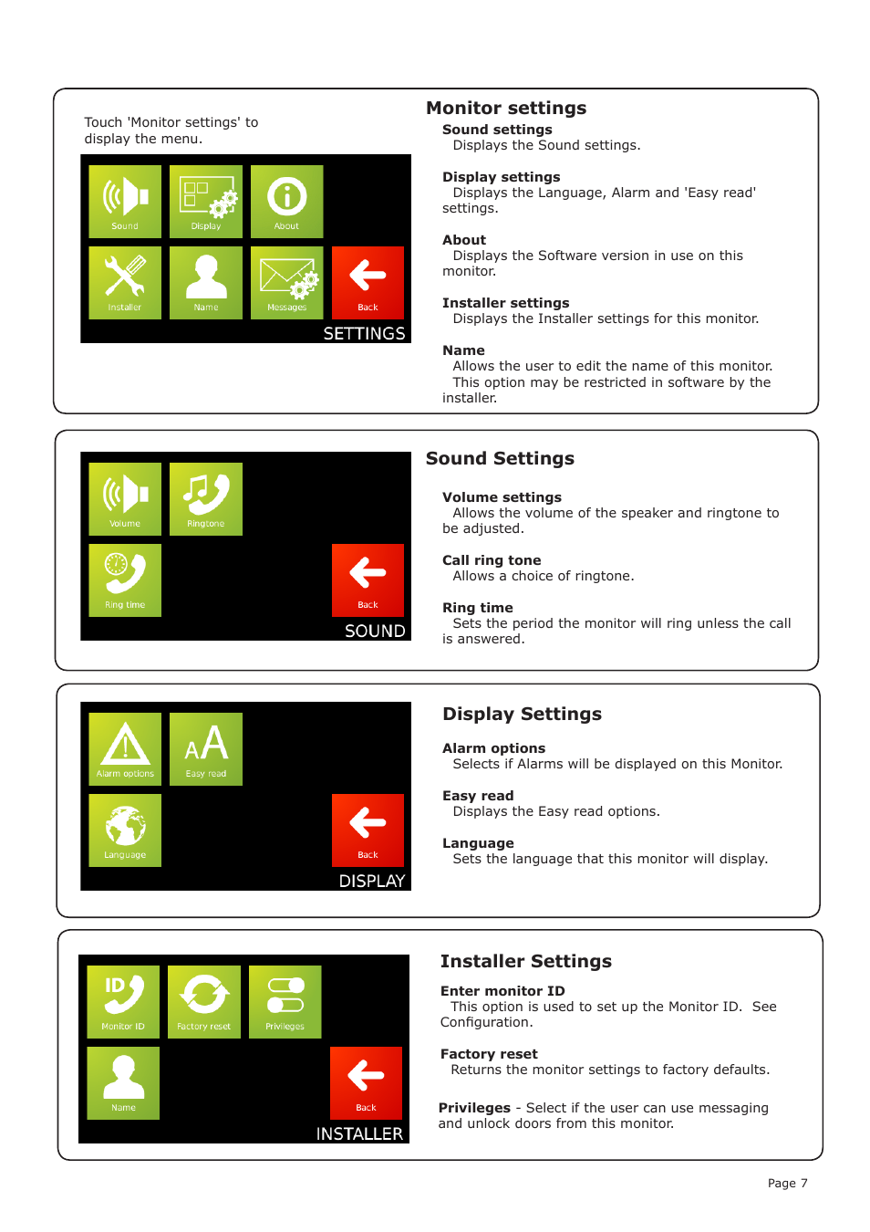 Monitor settings, Sound settings installer settings, Display settings | Paxton Net2 Entry - Monitor User Manual | Page 7 / 9