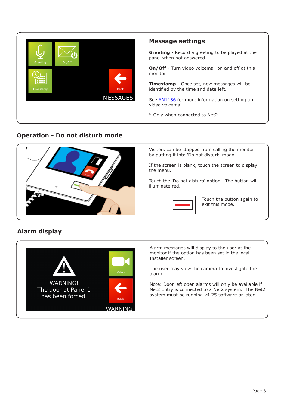 Operation - do not disturb mode message settings, Alarm display | Paxton Net2 Entry - Monitor User Manual | Page 8 / 9