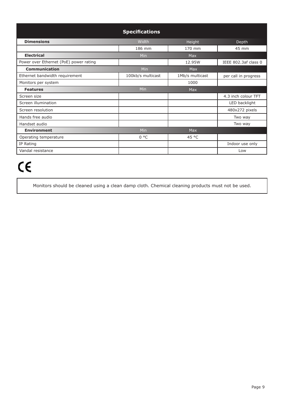 Specifications | Paxton Net2 Entry - Monitor User Manual | Page 9 / 9