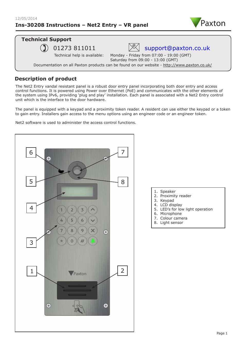 Paxton Net2 Entry – VR panel User Manual | 7 pages