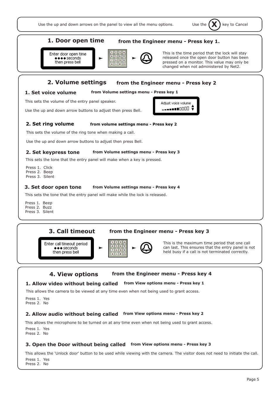 Call timeout, Door open time, Volume settings | View options | Paxton Net2 Entry – VR panel User Manual | Page 5 / 7