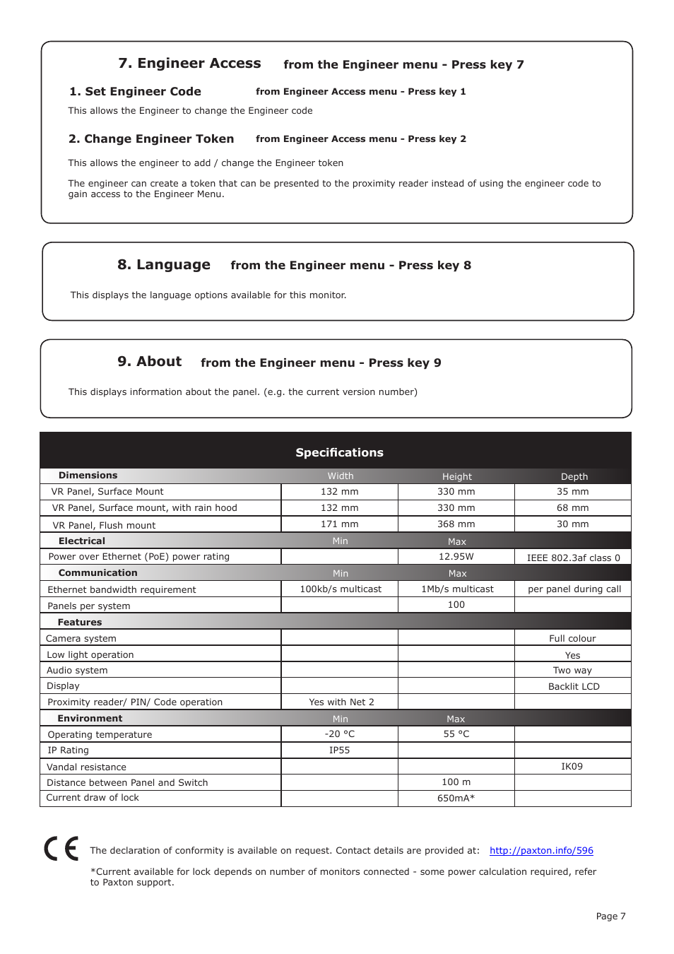 Engineer access, Language, About | Paxton Net2 Entry – VR panel User Manual | Page 7 / 7