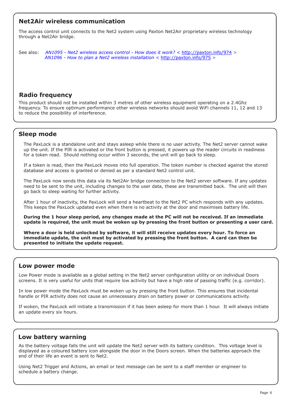 Sleep mode, Low battery warning, Low power mode | Net2air wireless communication radio frequency | Paxton Net2 PaxLock - Scandic User Manual | Page 6 / 7