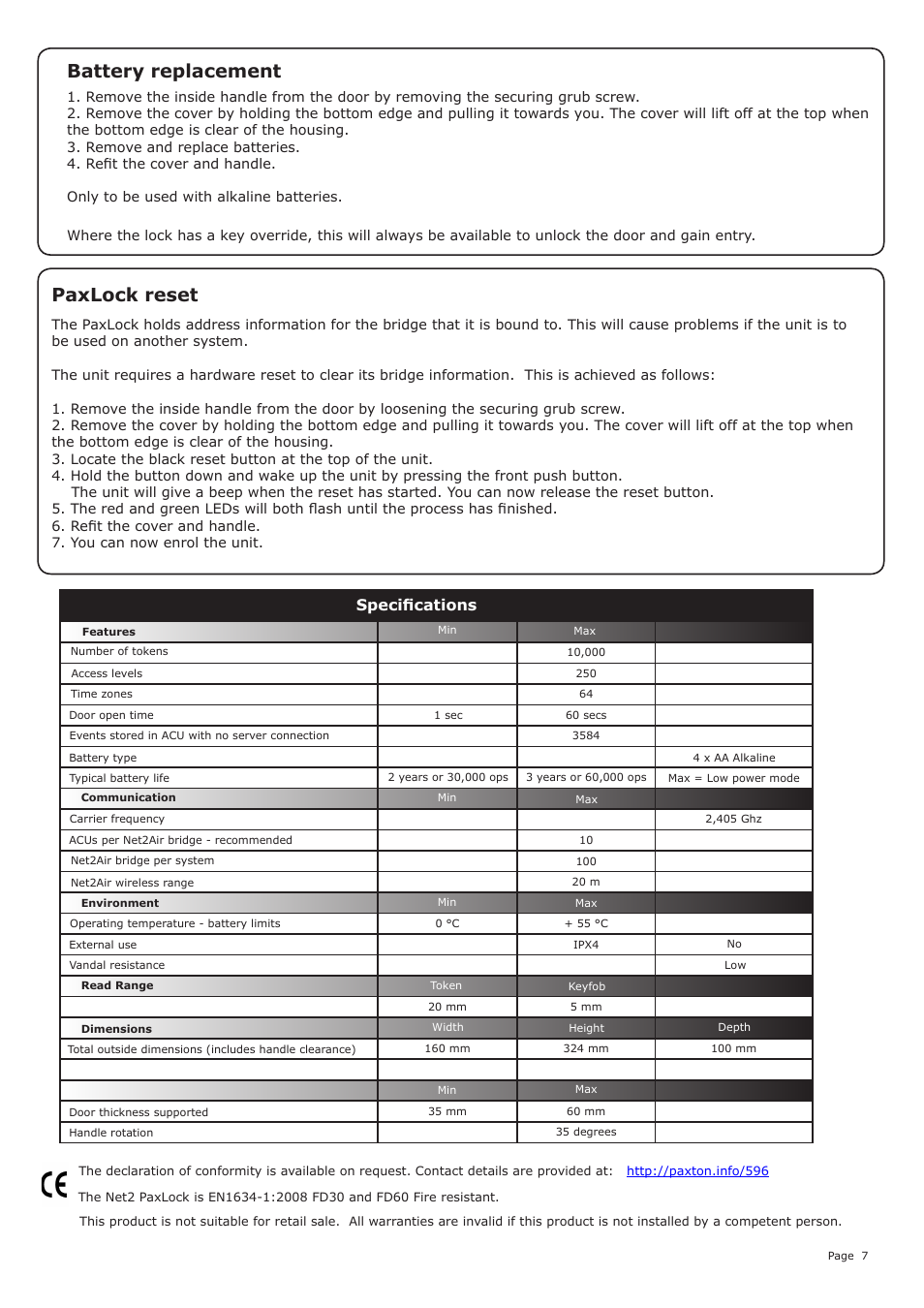 Battery replacement, Paxlock reset, Specifications | Paxton Net2 PaxLock - Scandic User Manual | Page 7 / 7