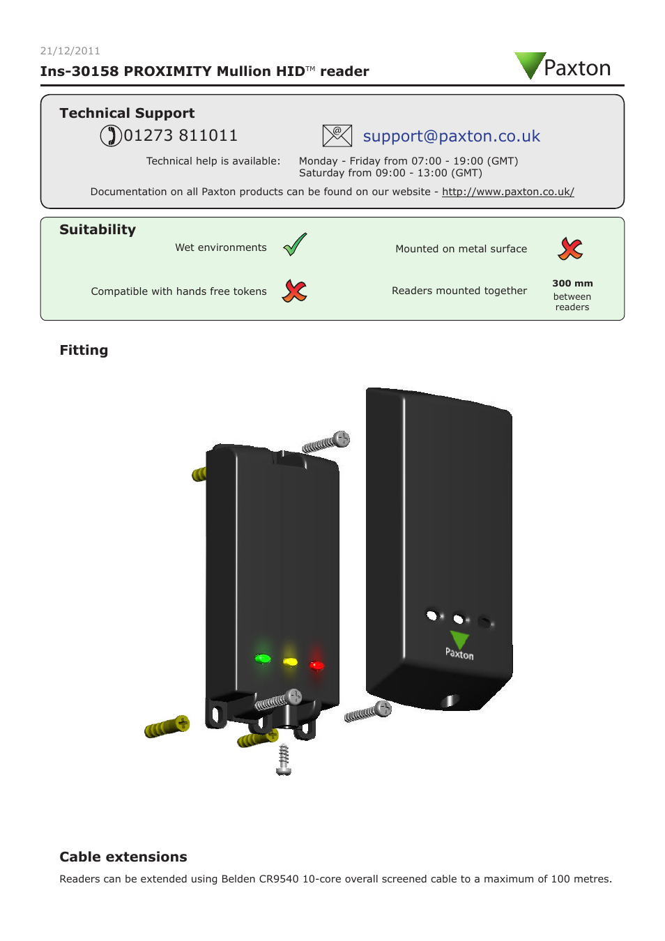 Paxton PROXIMITY Mullion HID reader User Manual | 4 pages