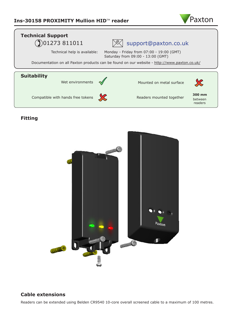 Paxton | Paxton PROXIMITY Mullion HID reader User Manual | Page 3 / 4